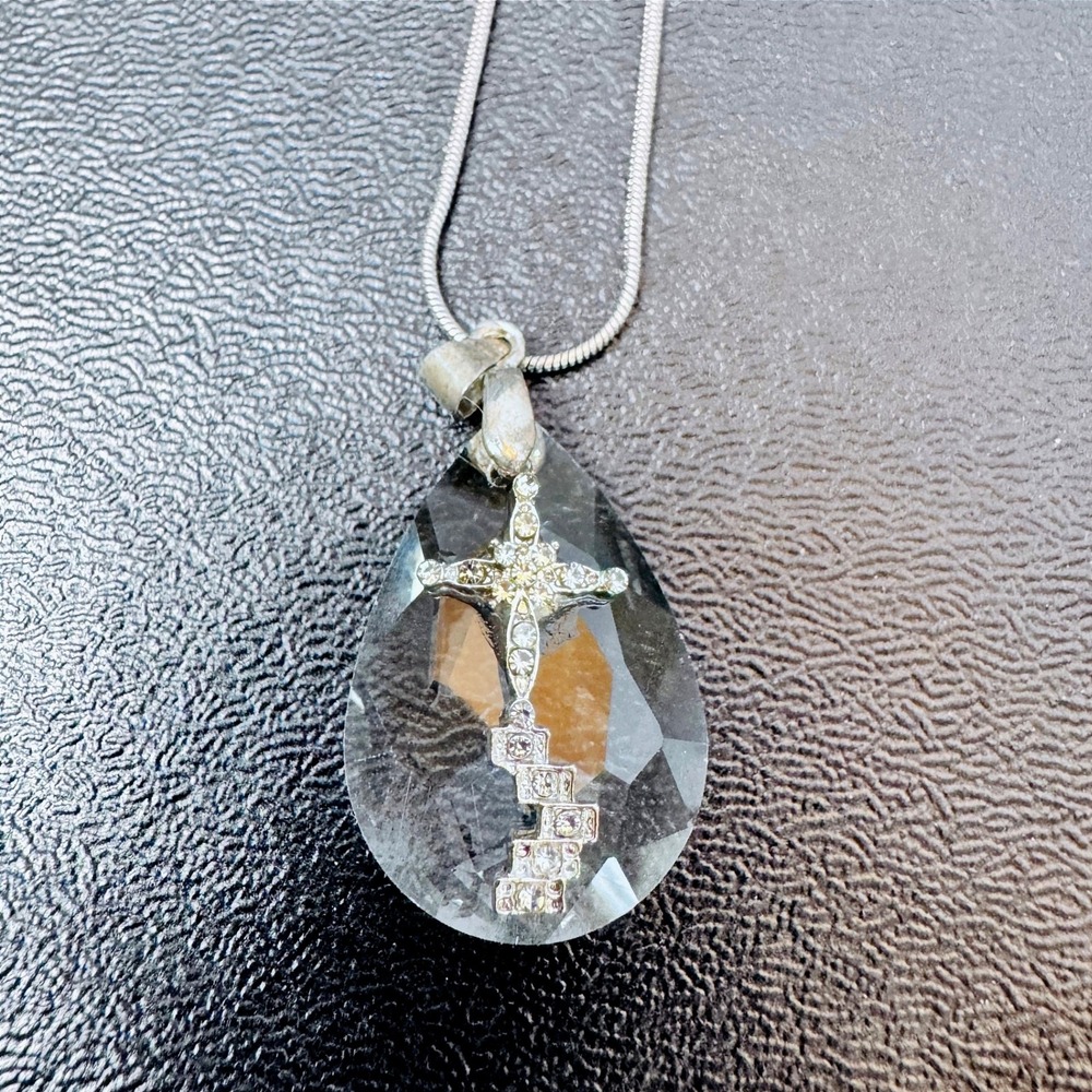 925 Sterling Silver Chain Crystal Teardrop Cross Pendant Resin Acrylic